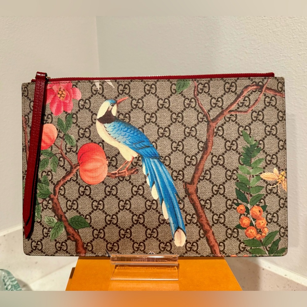 Gucci Beige/Red GG Supreme Canvas And Leather Large Tian Zip Pouch